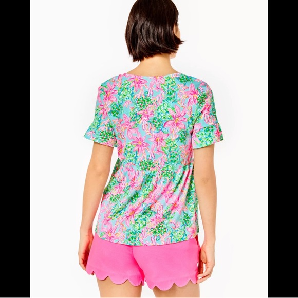 Lilly Pulitzer Jodee Ruffle Sleeve Swing Floral Top - Surf Blue So Shellegant - Picture 2 of 15